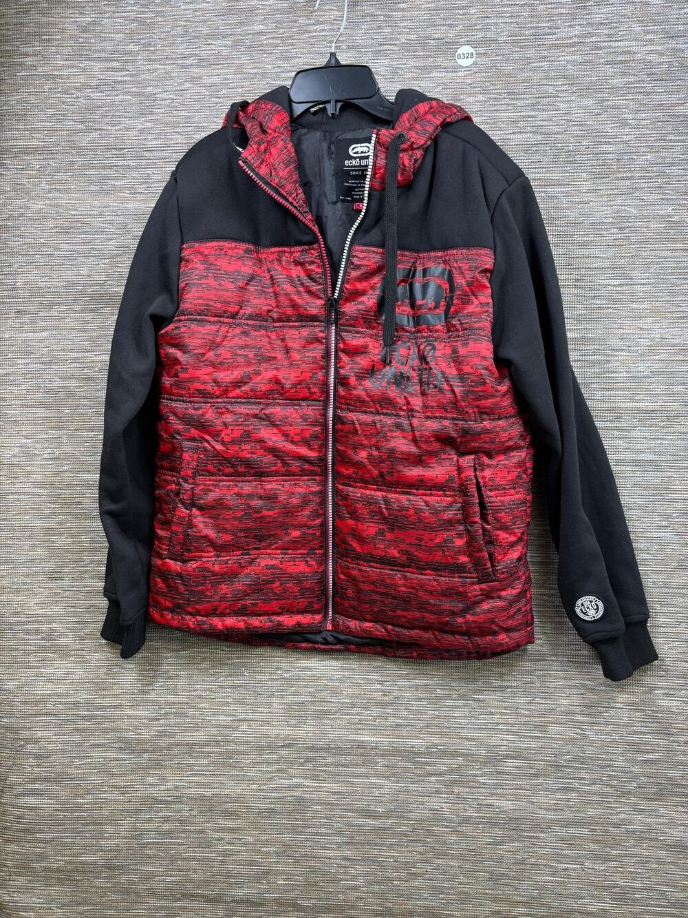 Ecko Unltd Jacket Mens Small Red Black Hooded Quilted Puffer Full Zip Winter